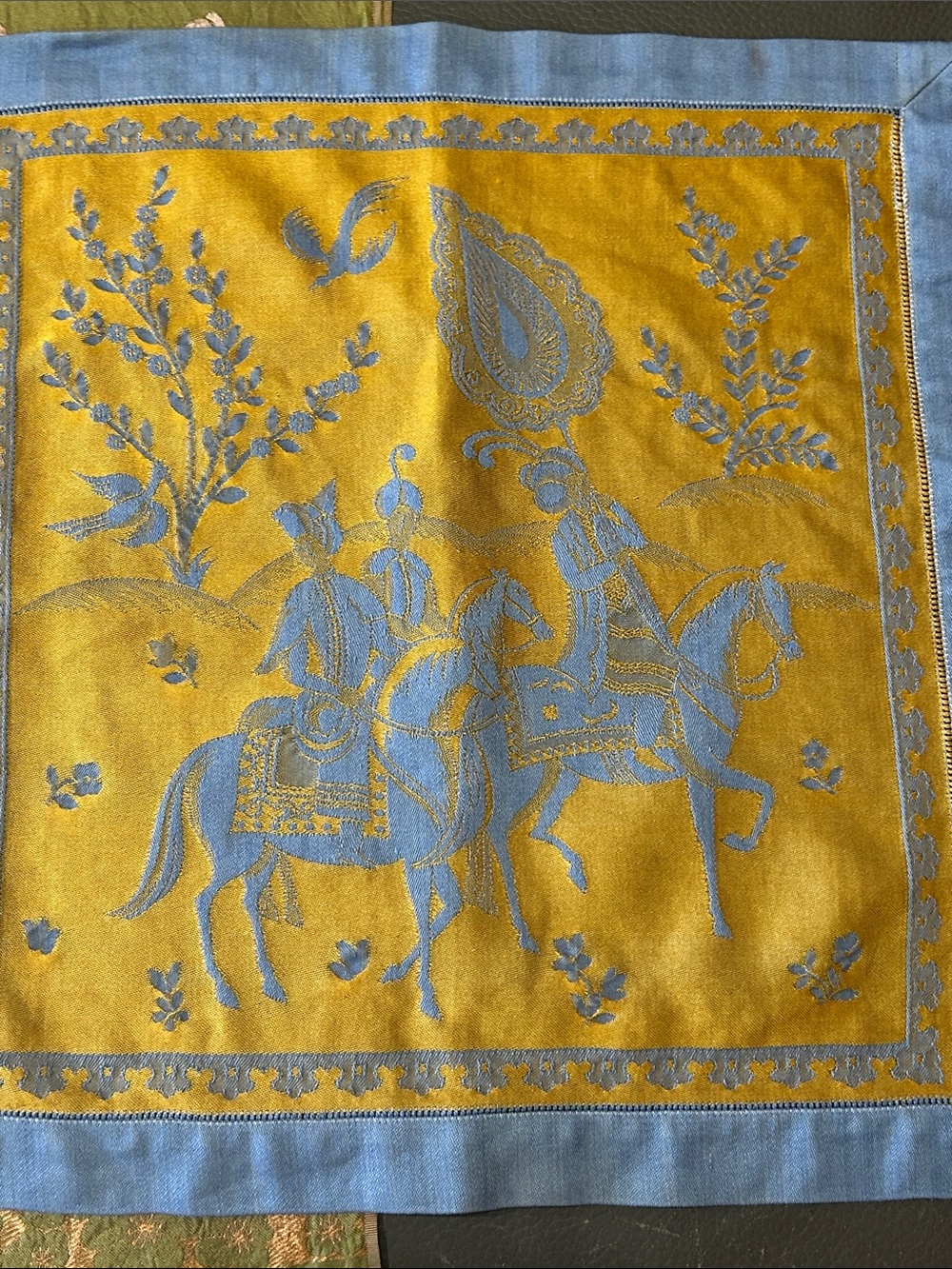 RESERVED @frenchluck Blue/Mustard Square Scarf & French Textile Runner - Picture 2 of 8